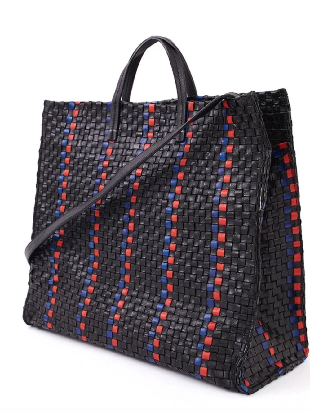CLARE V. Woven Black Tote with Red and Navy Accent Stripes - Picture 10 of 12